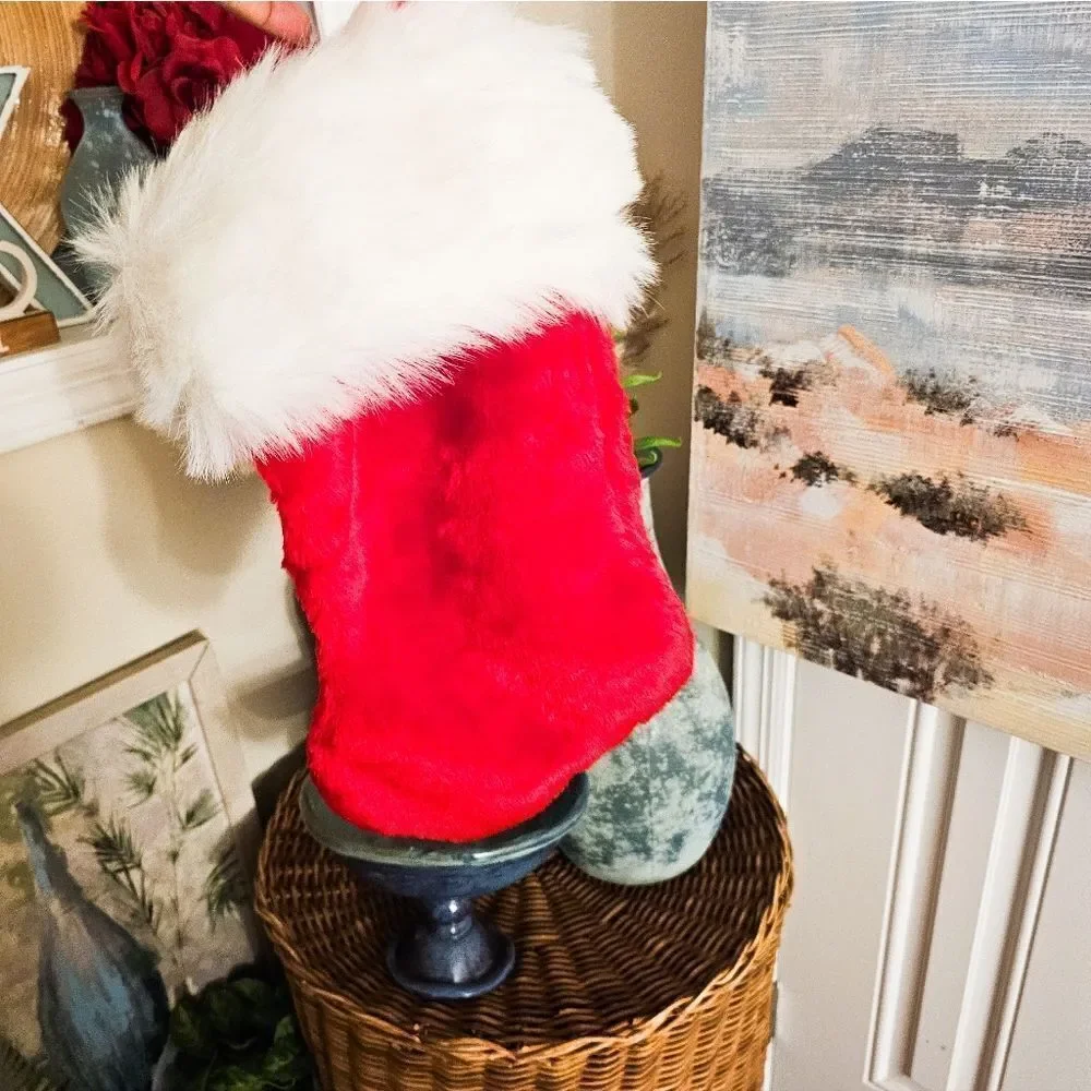 Set Of 2 Retro Fuzzy Cloth Red & White Christmas Holiday Stocking.